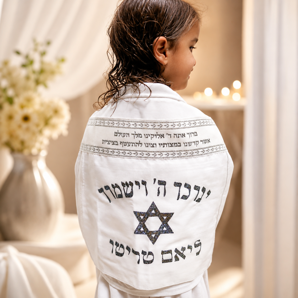סט חלאקה יוקרתי לילדים כולל טלית קטן 135*25, כיפה לילדים ונרתיק לחלאקה