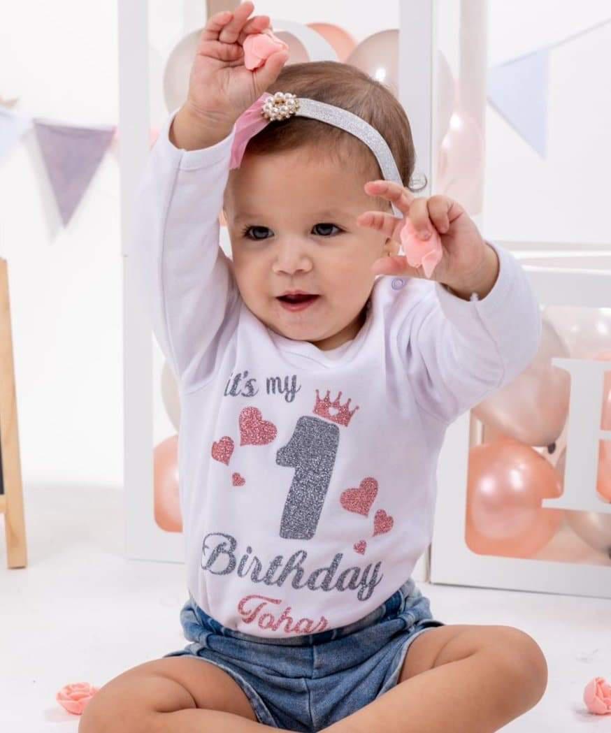 אוברול לתינוק ליום הולדת גיל שנה לבבות לחגיגת שנה